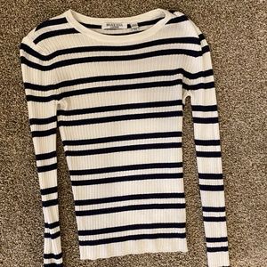 Long Sleeve White + Navy striped knit shirt